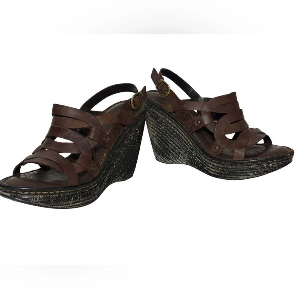 Born Genesis Leather High Heel Wedge Sandals Espresso Brown Women’s Size 7